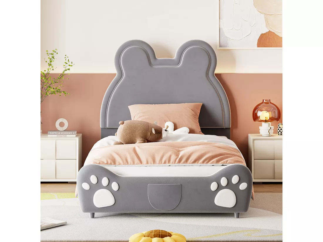 Lit simple rembourré enfant gris 90 x 200 cm en velours dermophile