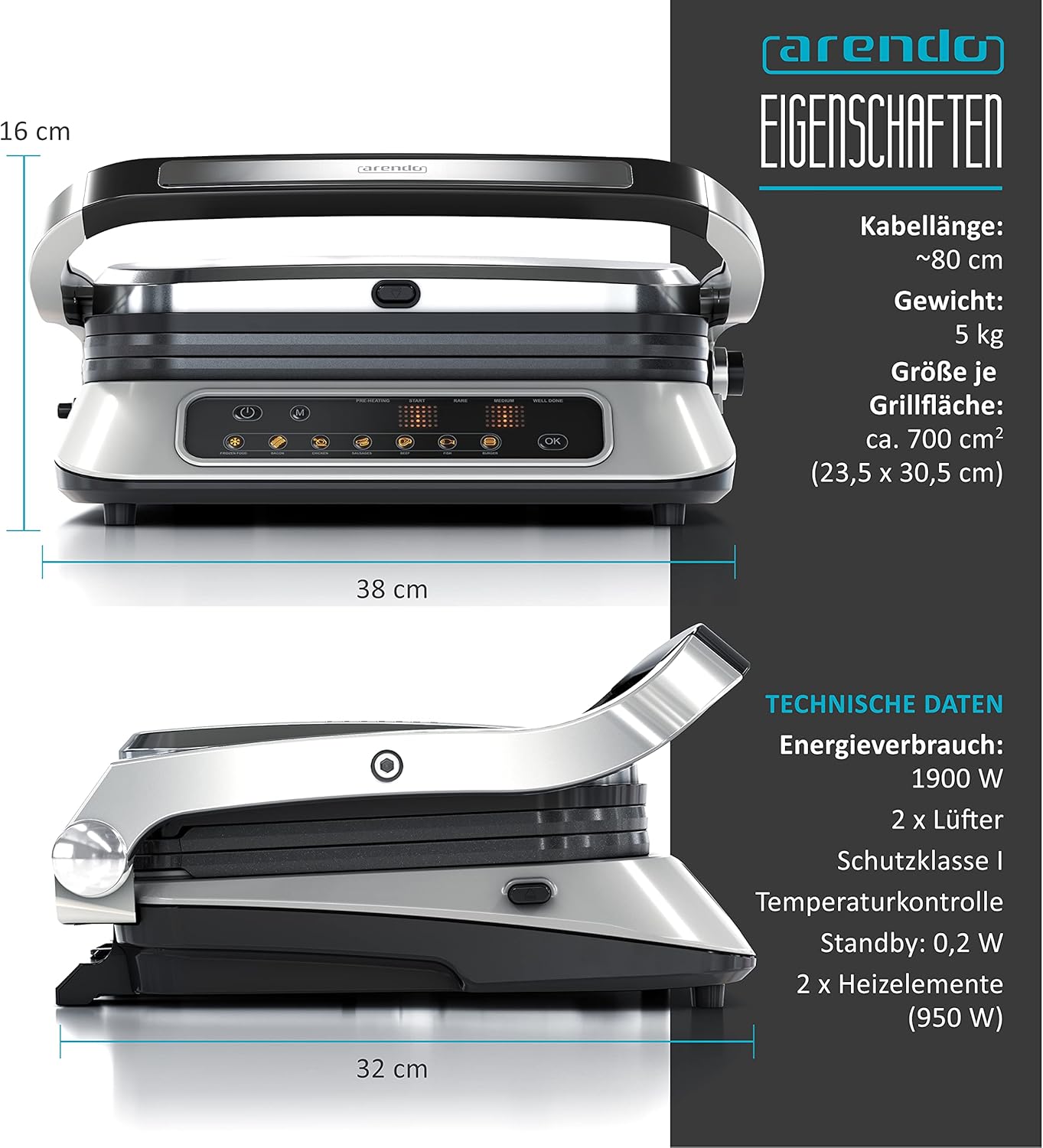 Arendo - Kontaktgrill Elektrogrill - elektrischer Tischgrill - Sandwichmaker - Multi Grill mit Digitalsteuerung 1900 W - 7 Programme - Leicht Reinigung durch abnehmbare Platten - Edelstahl