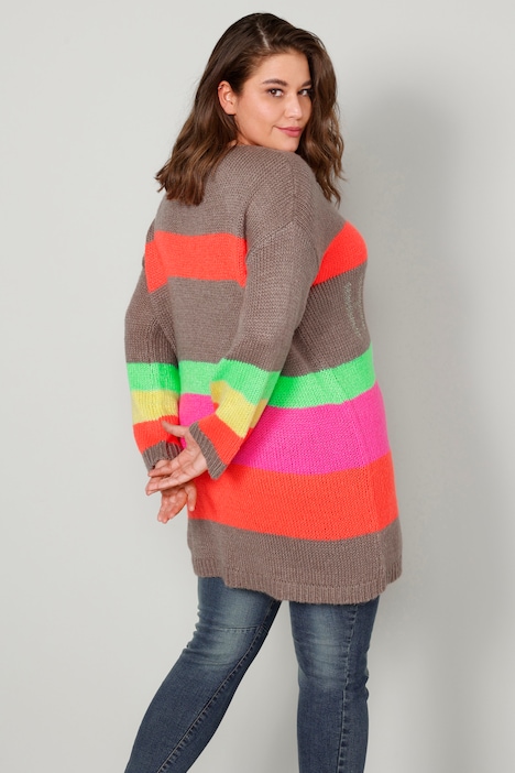 Long-Pullover, oversized, Blockstreifen, Glitzer-Schriftzug, V-Ausschnitt