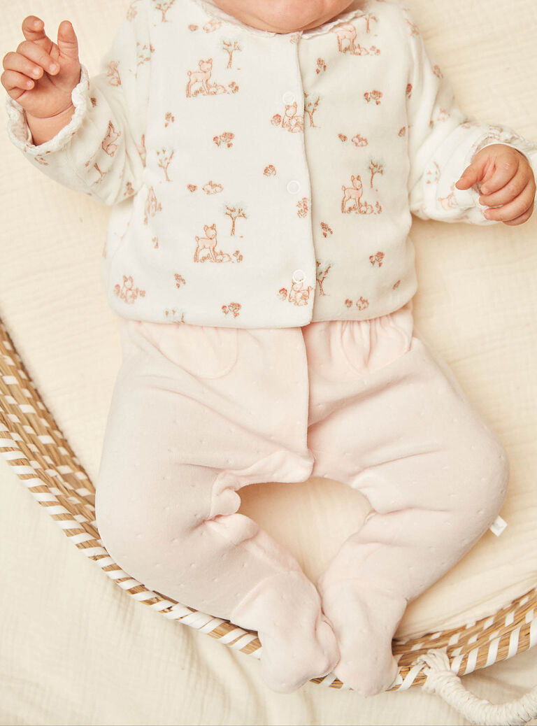 Grenouillère rose pâle et gilet écru en velours en coton biologique et polyester recyclé