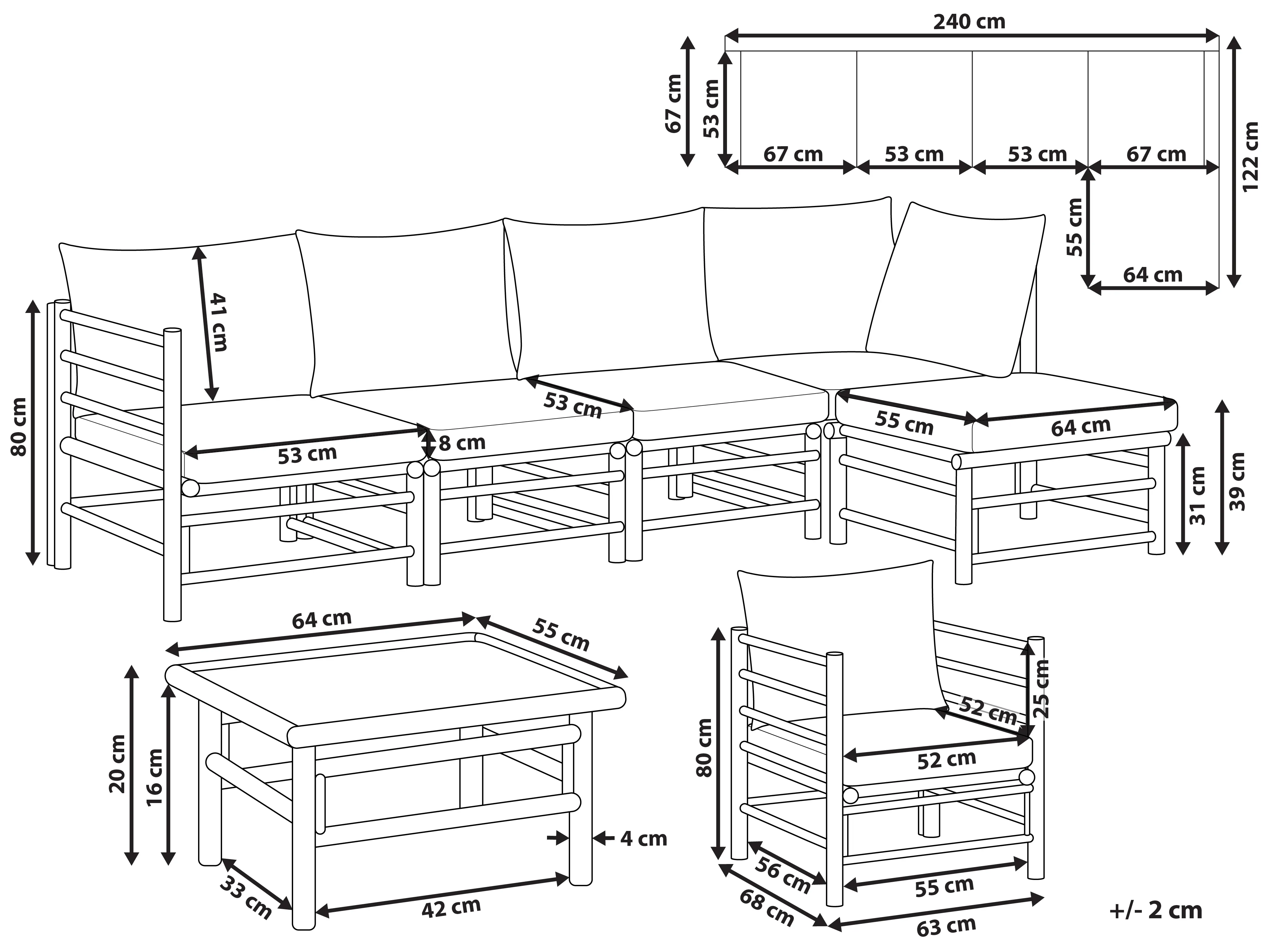 Loungeset met tafel 6-zits CERRETO linkszijdig Bamboehout Gebroken wit