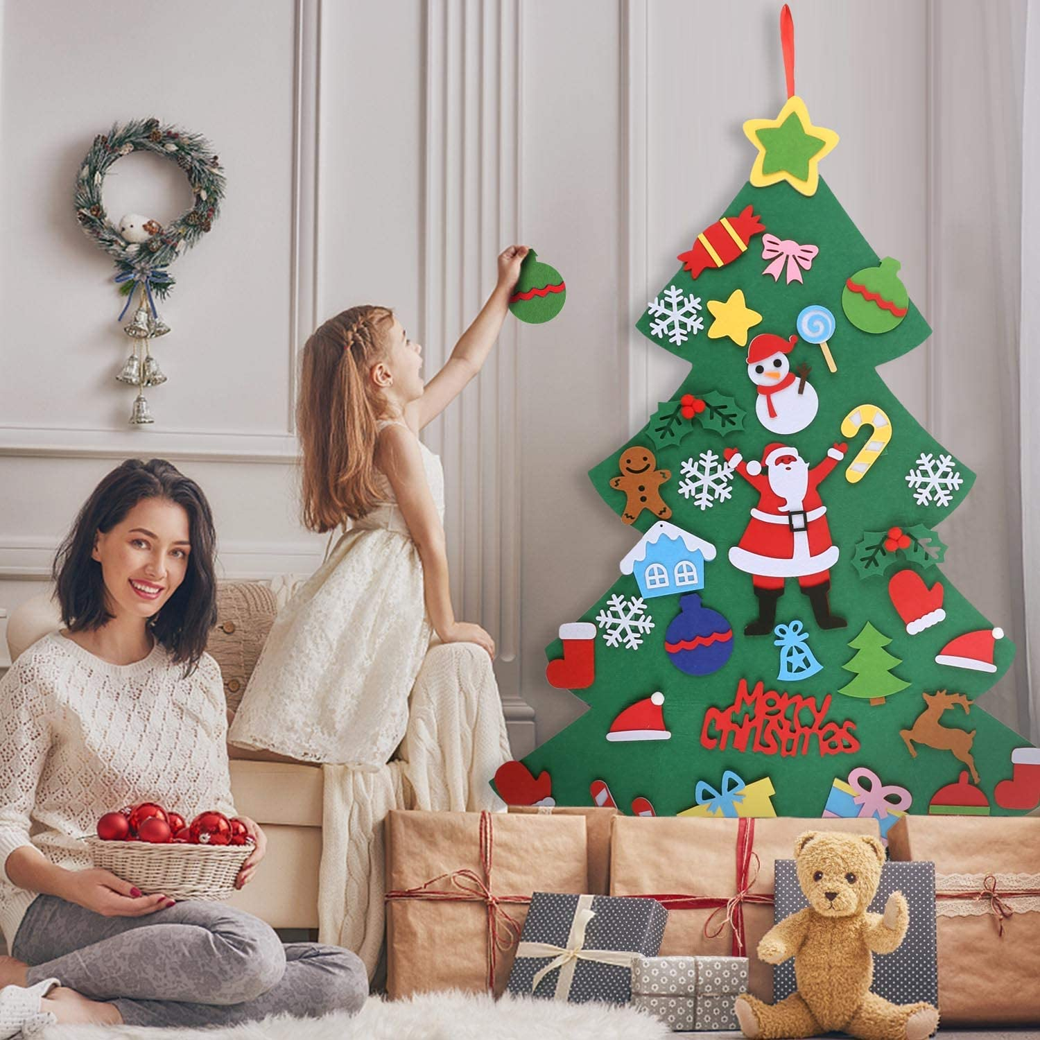 (36-tlg. Set) 105x70cm Kinder Spielzeug Christmas Tannenbaum Wand Deko Filz Weihnachtsbaum   Klett Figuren