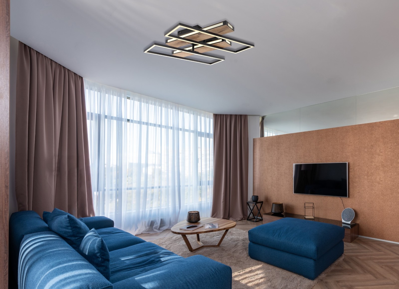LED-Deckenleuchte - schwarz-holzfarben - Memoryfunktion - 60 cm