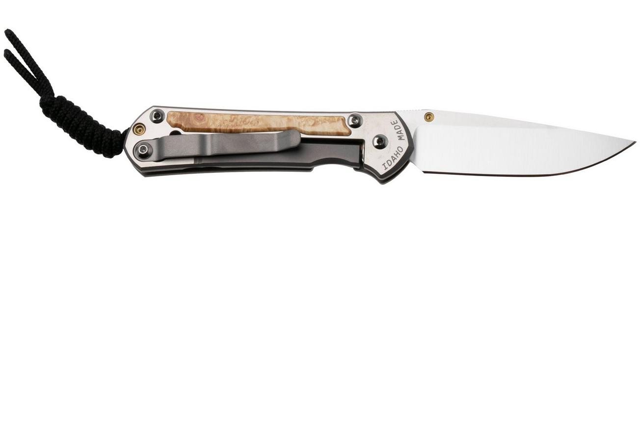 Chris Reeve Small Sebenza 31 S31-1628, Satin CPM MagnaCut, Polished Titanium, Box Elder Inlay zakmes