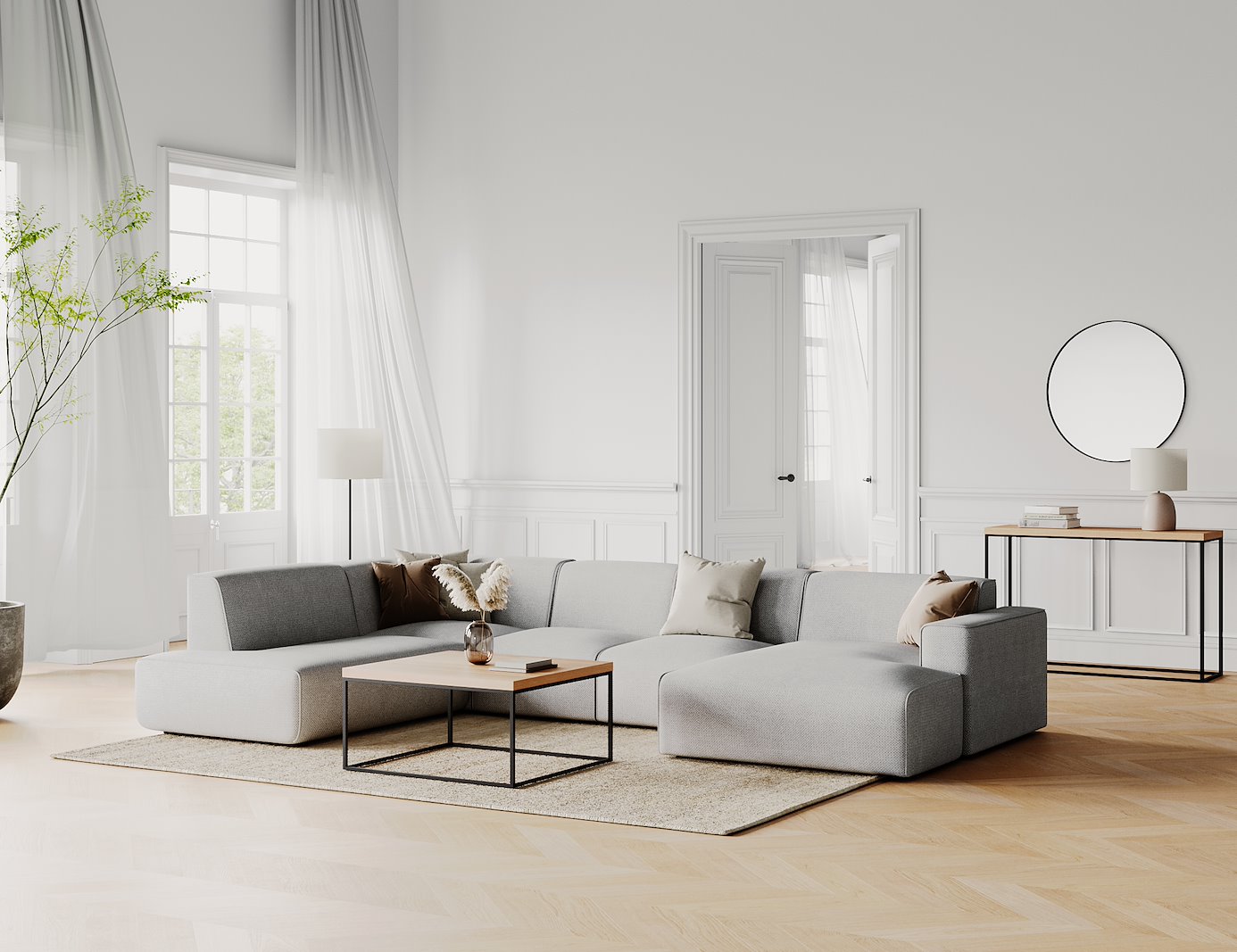 Enjoy U-sofa oppsett Åpen ende venstre liten, hjørne, 2-seter, sjeselong høyre liten i tekstil Brego 7 Grey med sorte ben