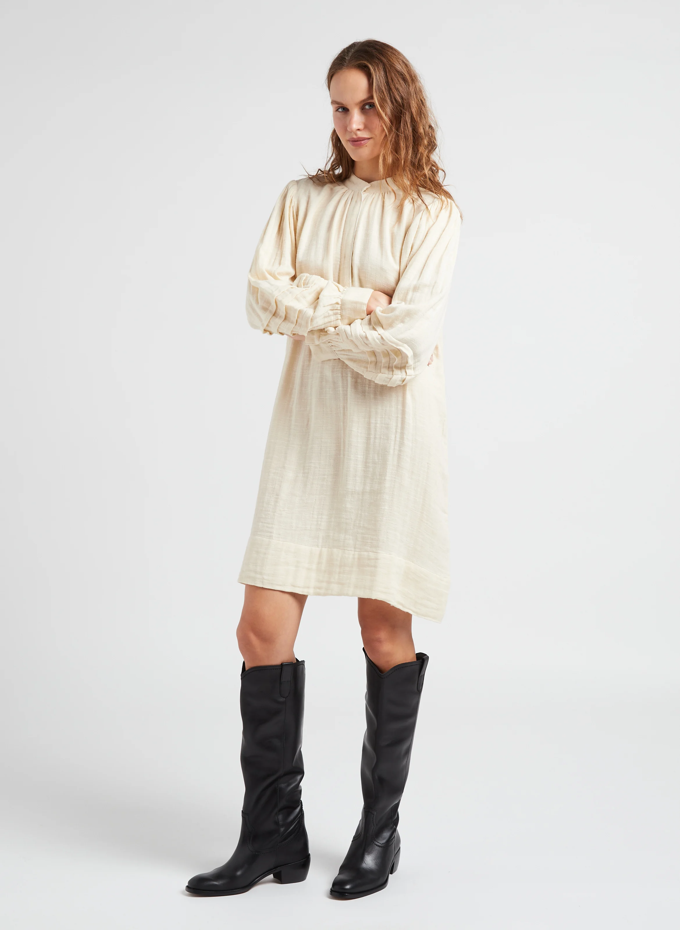 PREETI - Robe mi-longue col rond en coton| Beige