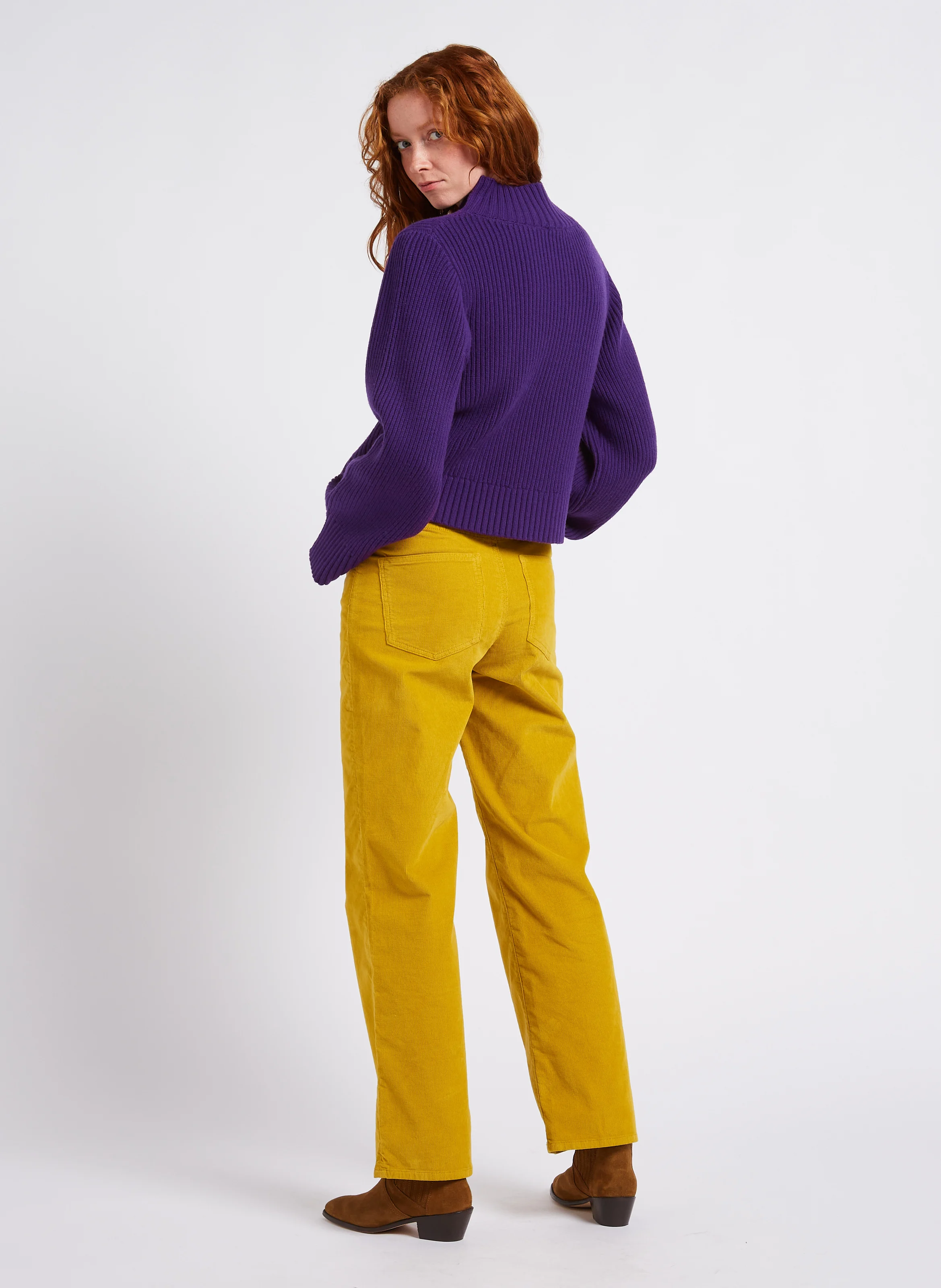PERRINE - Pantalon droit en coton côtelé | Jaune