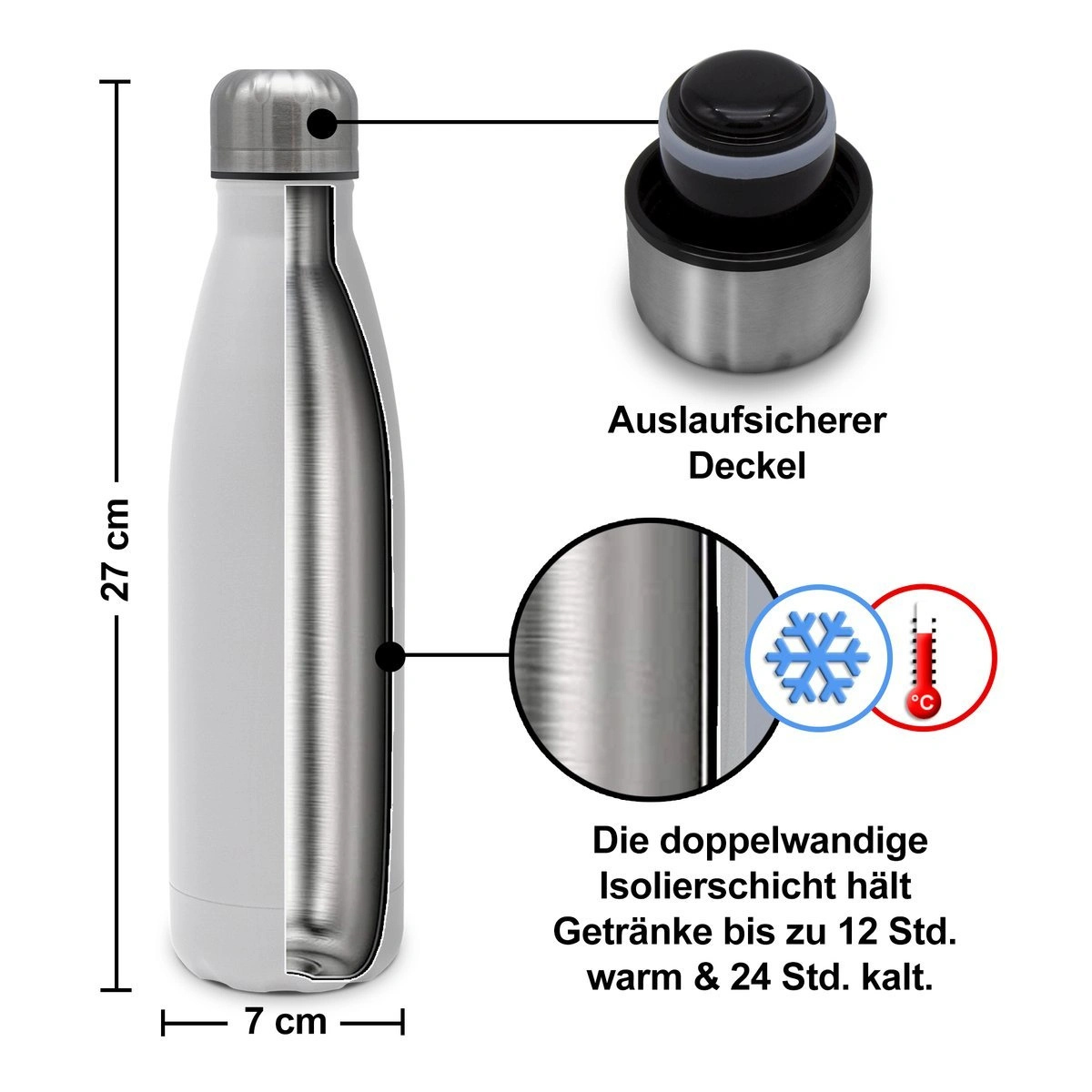 Thermo-Trinkflasche mit Namen, 500 ml, weiß (Motiv: Initiale)