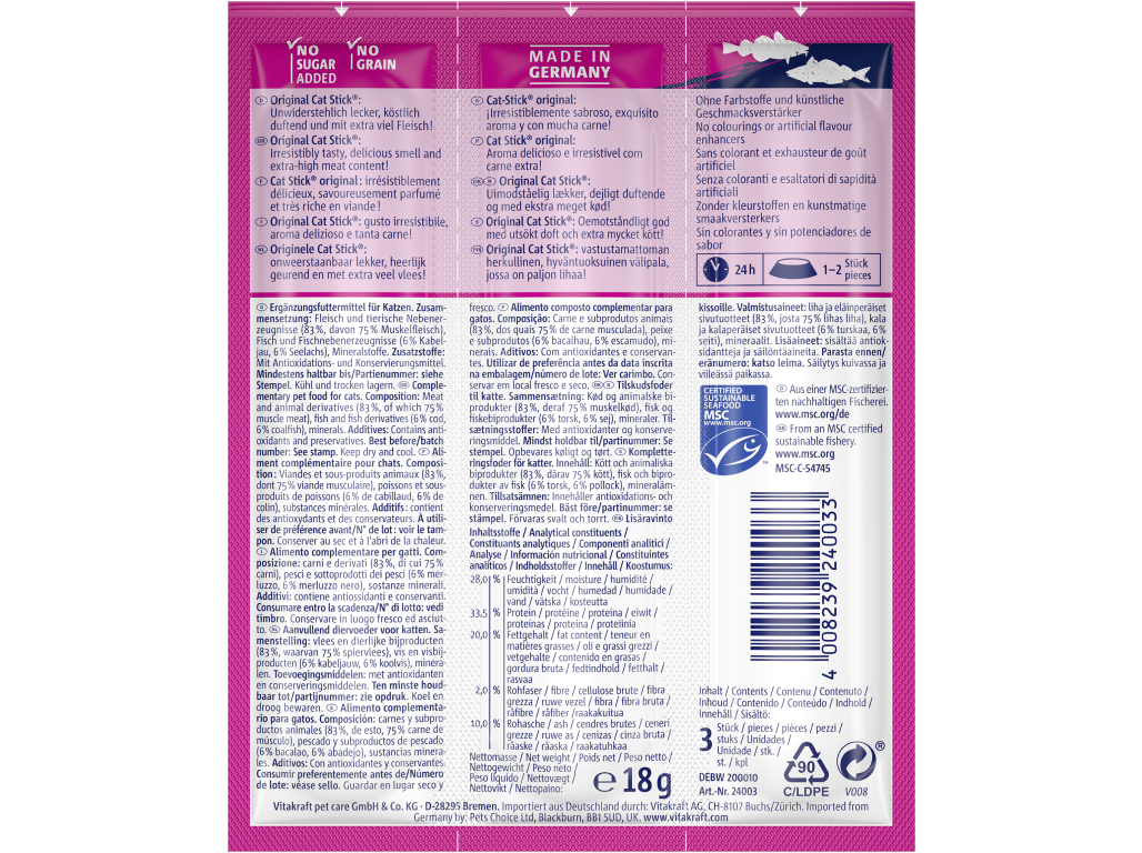 SNACKS PARA GATO MINI VITAKRAFT STICK COM BACALHAU E ATUM PACK 3 UNIDADES