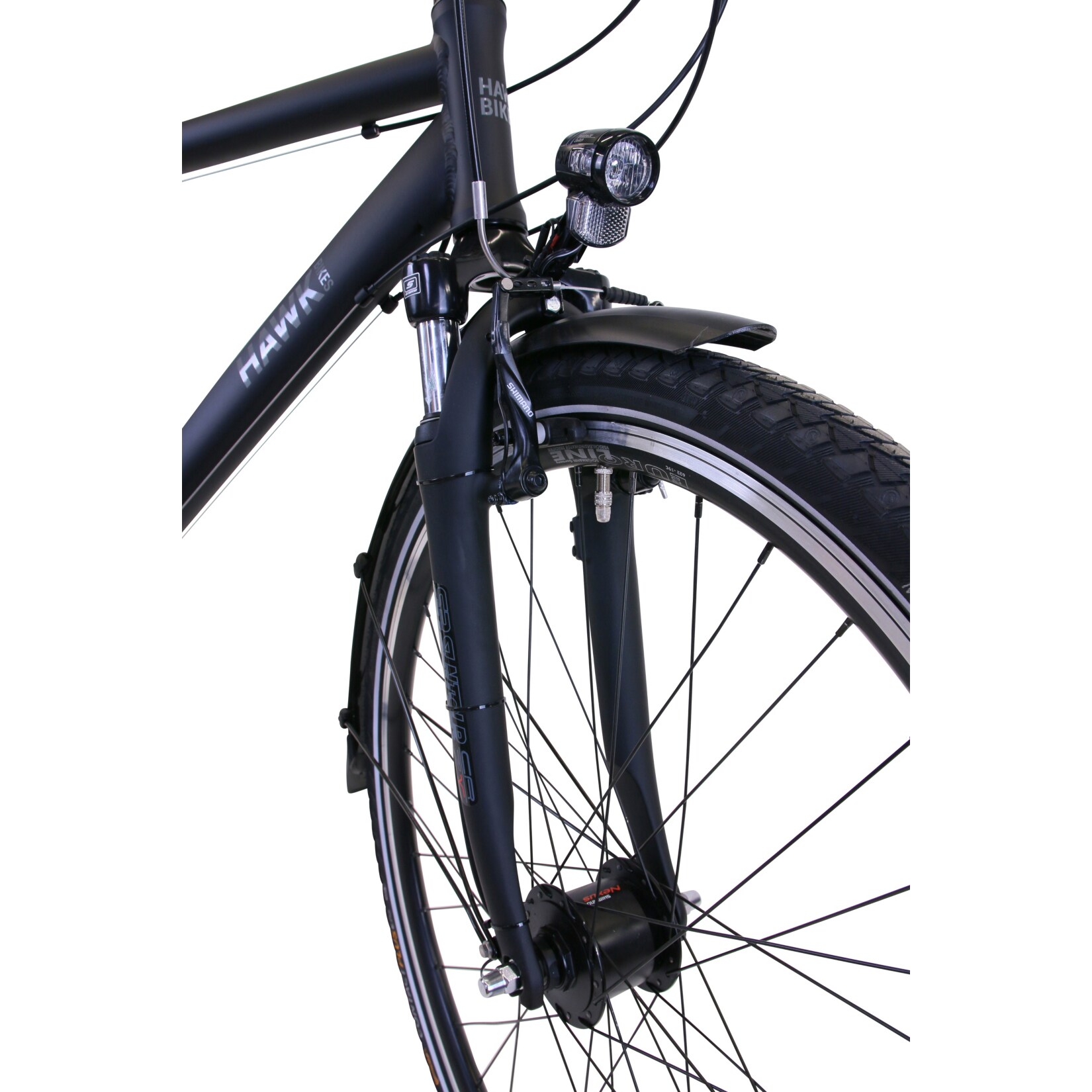 HAWK Trekking Premium Fahrrad, inkl. Tasche – Black Herren 28 Zoll – Rahmenhöhe 52 cm - Fahrrad mit Microshift 24 Gang Kettenschaltung & Beleuchtung I Allrounder I Schwarz