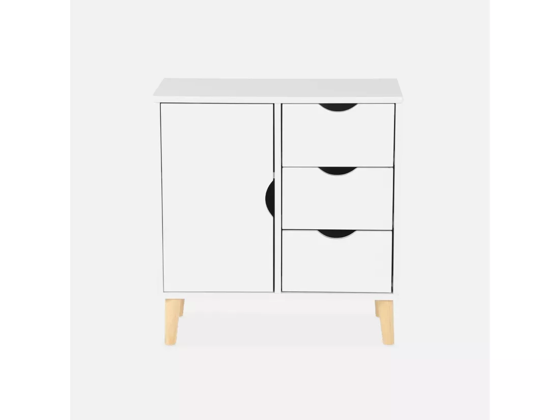 Commode enfant. 1 porte et 3 tiroirs. 2 étagères. blanc. pieds en pin