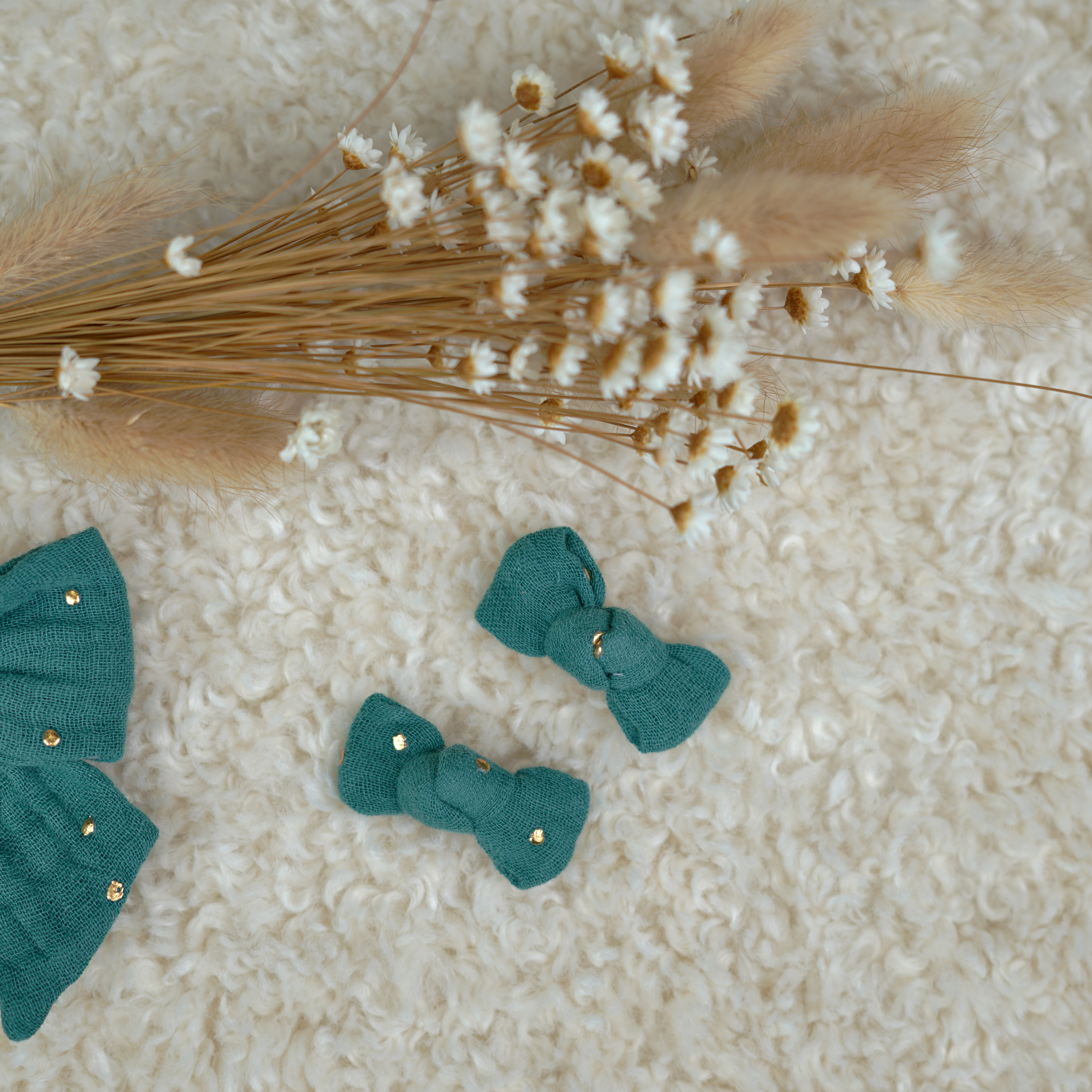 Barrettes Clic-Clac Petits Noeuds Gaze Pois Or Eucalyptus