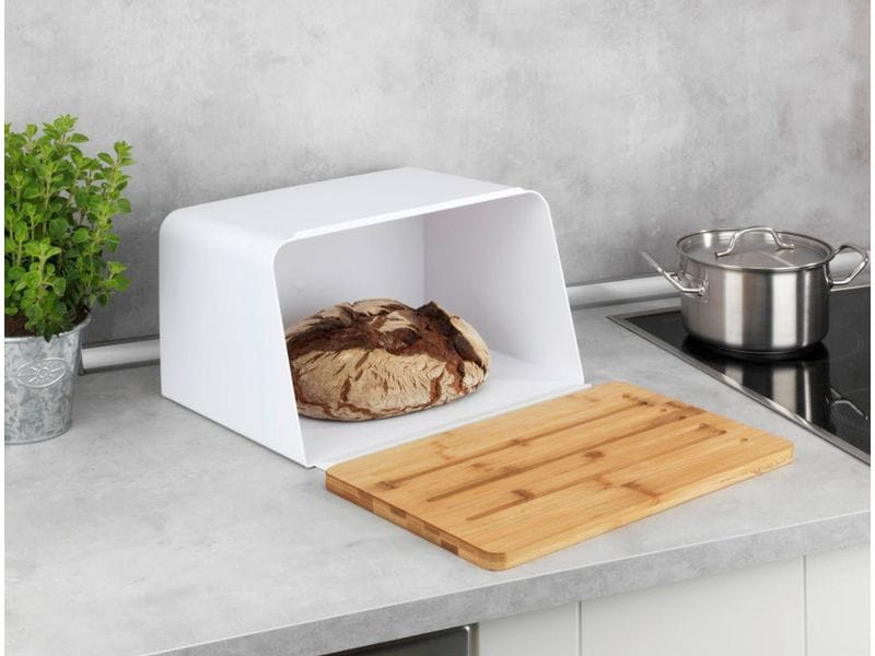 Wenko Brotkasten Kubo Weiss Brotbox mit integriertem Bambusschneidebrett