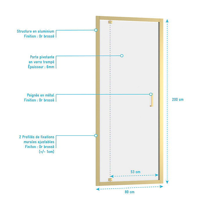 Porte de douche pivotante 80 x 200 cm, profilés alu doré brossé, Galedo Factory Gold