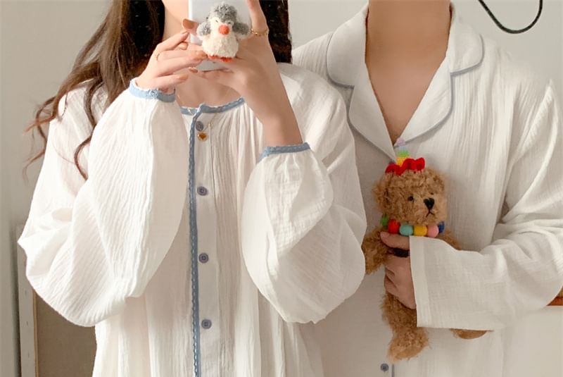 Sadelle - Koppel bijpassende pyjamajurk met contrasterende rand / pyjamaset met lange mouwen
