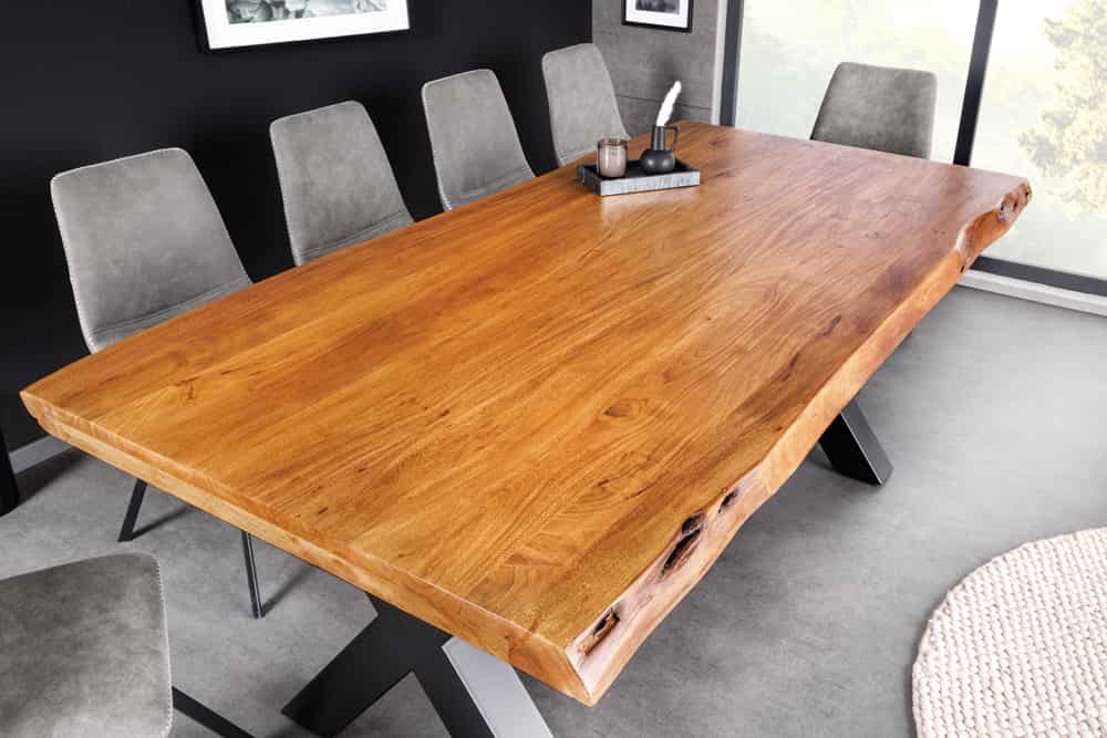 Massivholz Esstisch MAMMUT 200cm Akazie X-Gestell schwarz Metall Baumkante 5cm Tischplatte