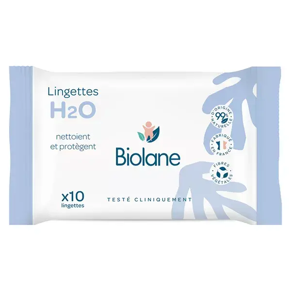 Biolane - Lingettes nettoyantes H2O à l'eau pour bébé - 10 lingettes épaisses