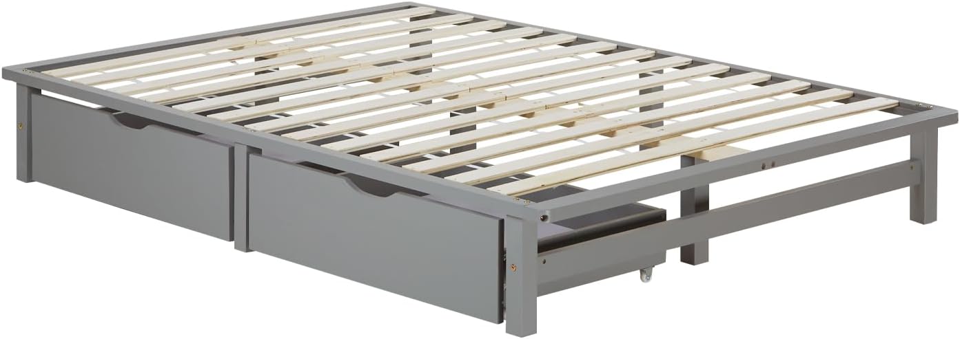 Homestyle4u Holzbett Palettenbett 140x200 cm 2 Schubladen Bettgestell mit Lattenrost Grau Kiefer Massivholz