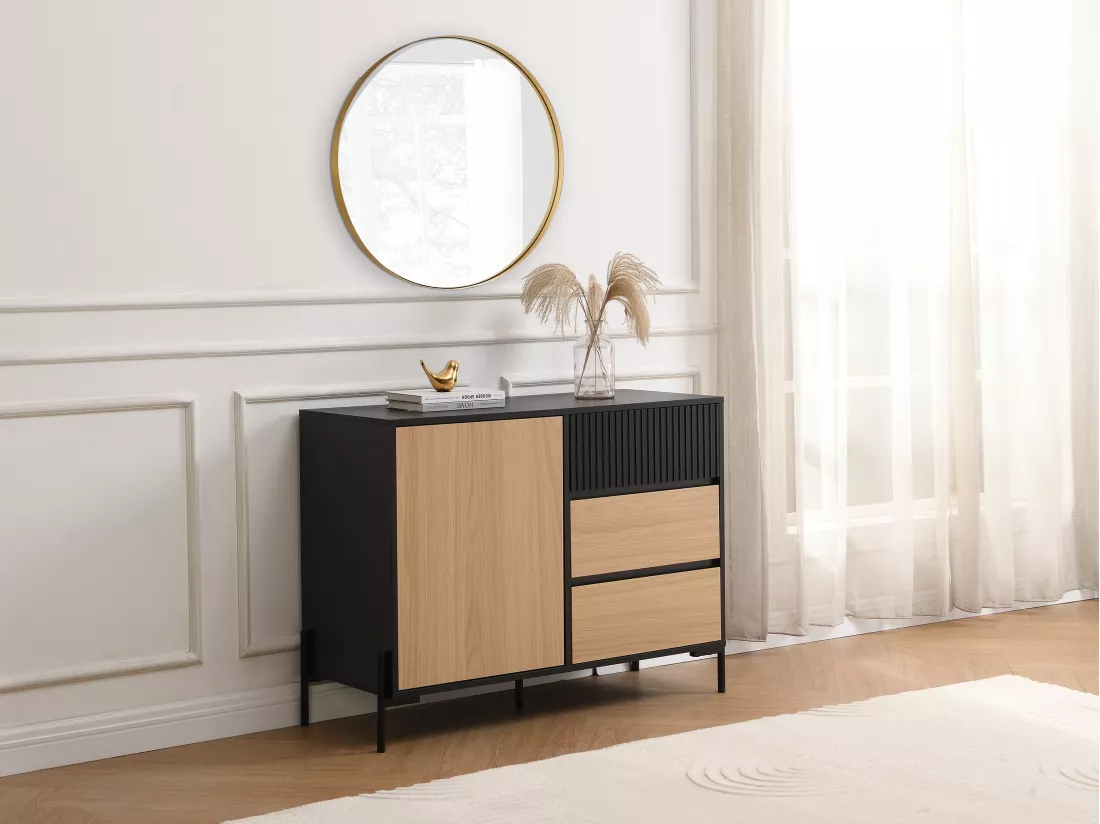 Buffet avec 1 porte et 3 tiroirs - Noir et naturel clair - GLARODI