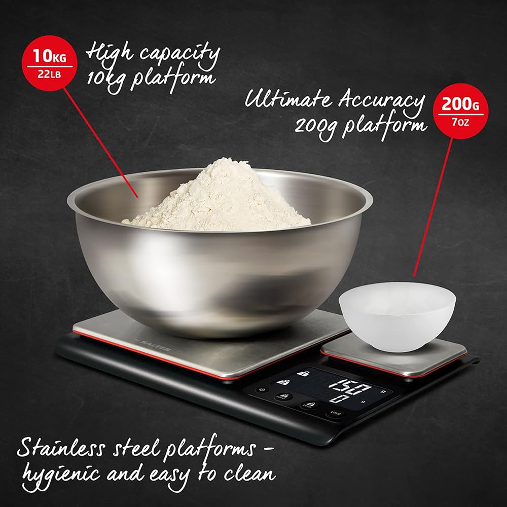 Heston Blumenthal By Salter 1049A HBBKDR Balance Cuisine de Précision à Double Plateforme, Pèse Aliment avec Capacité 10KG et Plate-forme Petite pour Incréments de 0.1g, Mesures Liquides, Noir : Bricolage