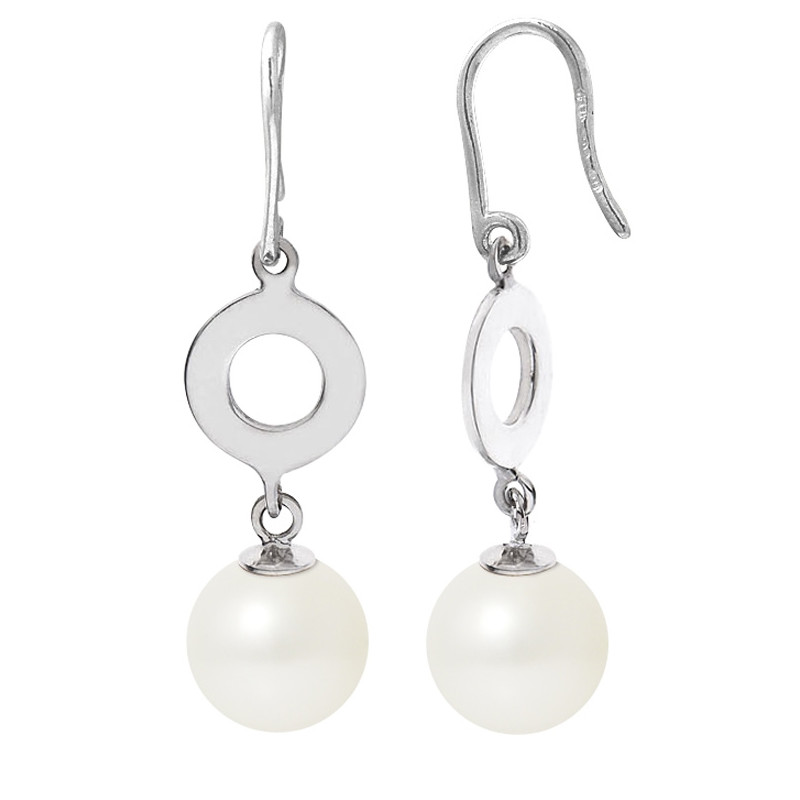 Boucles d'Oreilles Pendantes à crochets Perles de Culture Blanches et Argent 925/1000