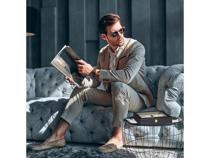 relaxdays Uhrenbox für 12 Uhren 8 cm, Grau/Schwarz Uhrenkasten