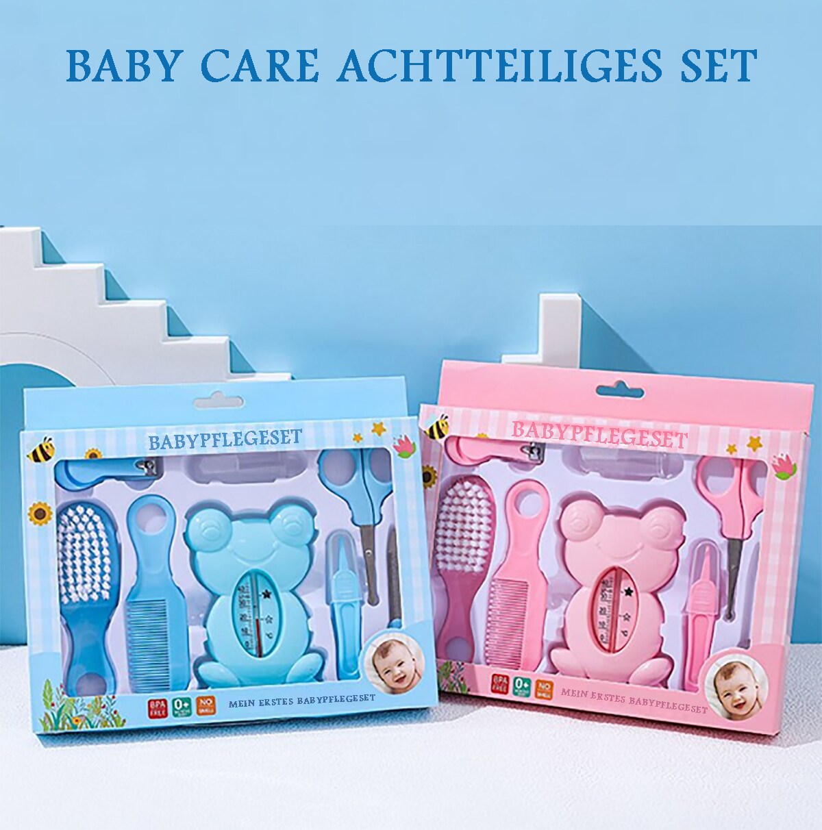 TPFBeauty Babypflege-Set 8-teilig mit Badewannen-Thermometer, Blau