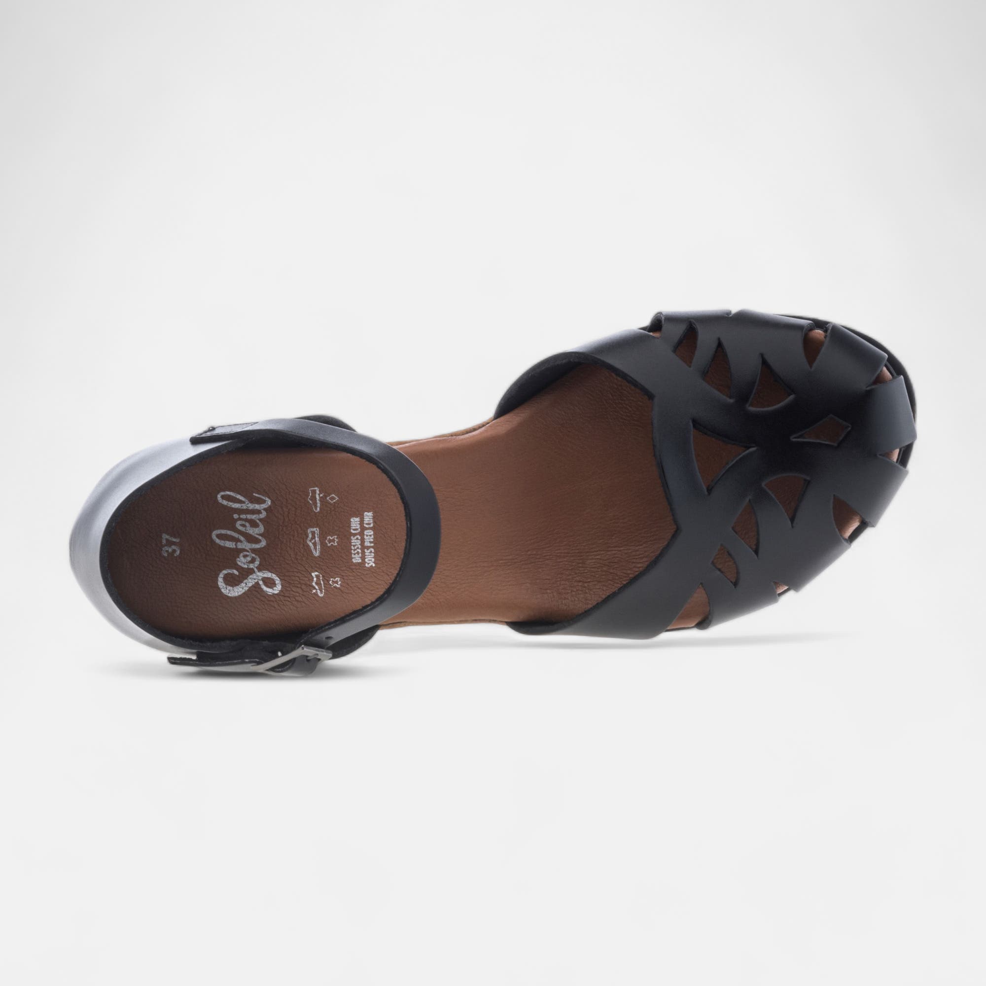 Sandales à talon compensé Femme en cuir noir