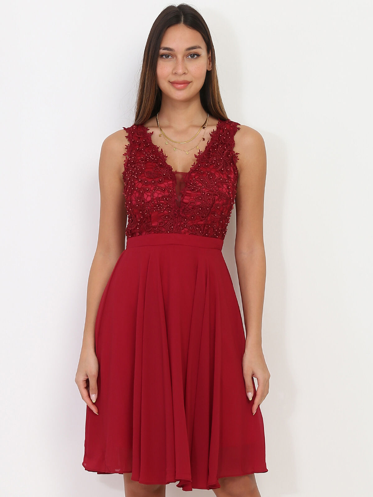 Robe à broderie et perles grandes tailles- Rouge foncé