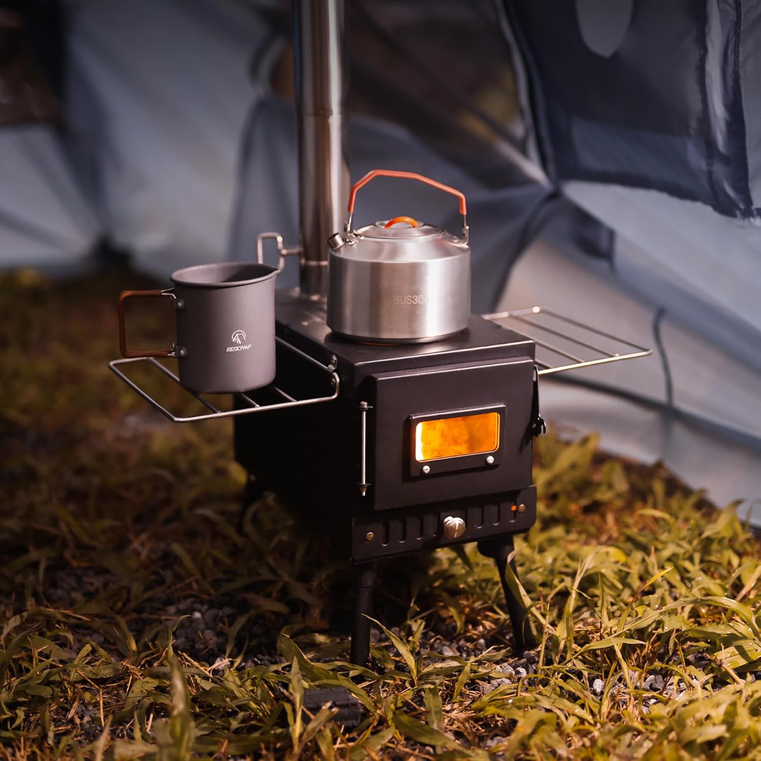 REDCAMP Camping Zelt Herd, Faltbarer Zelt Holz Brennofen, Tragbarer heißer Zelt Holzofen mit winddichtem Kamin für Outdoor Camping Kochen, schwarz