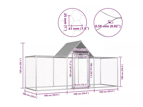 Poulailler 3 x 1 x 1,5 m Acier galvanisé