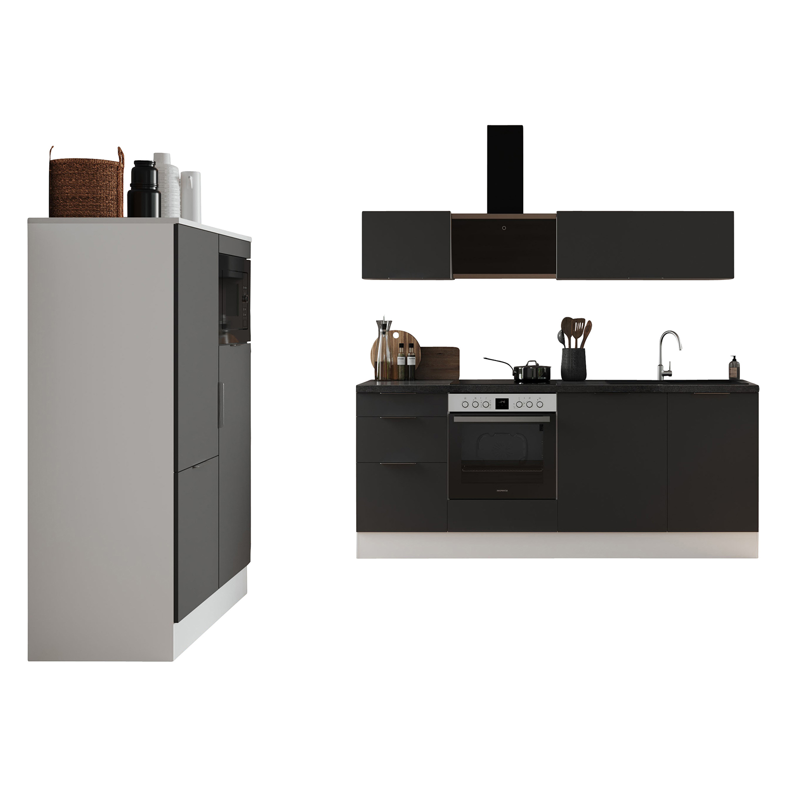 RESPEKTA Küchenblock - grau matt - weiß matt - mit E-Geräten - 340 cm