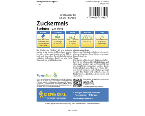 Sweetcorn Sprinter Kiepenkerl PowerSaat Hybrid Seed Vegetable Seeds