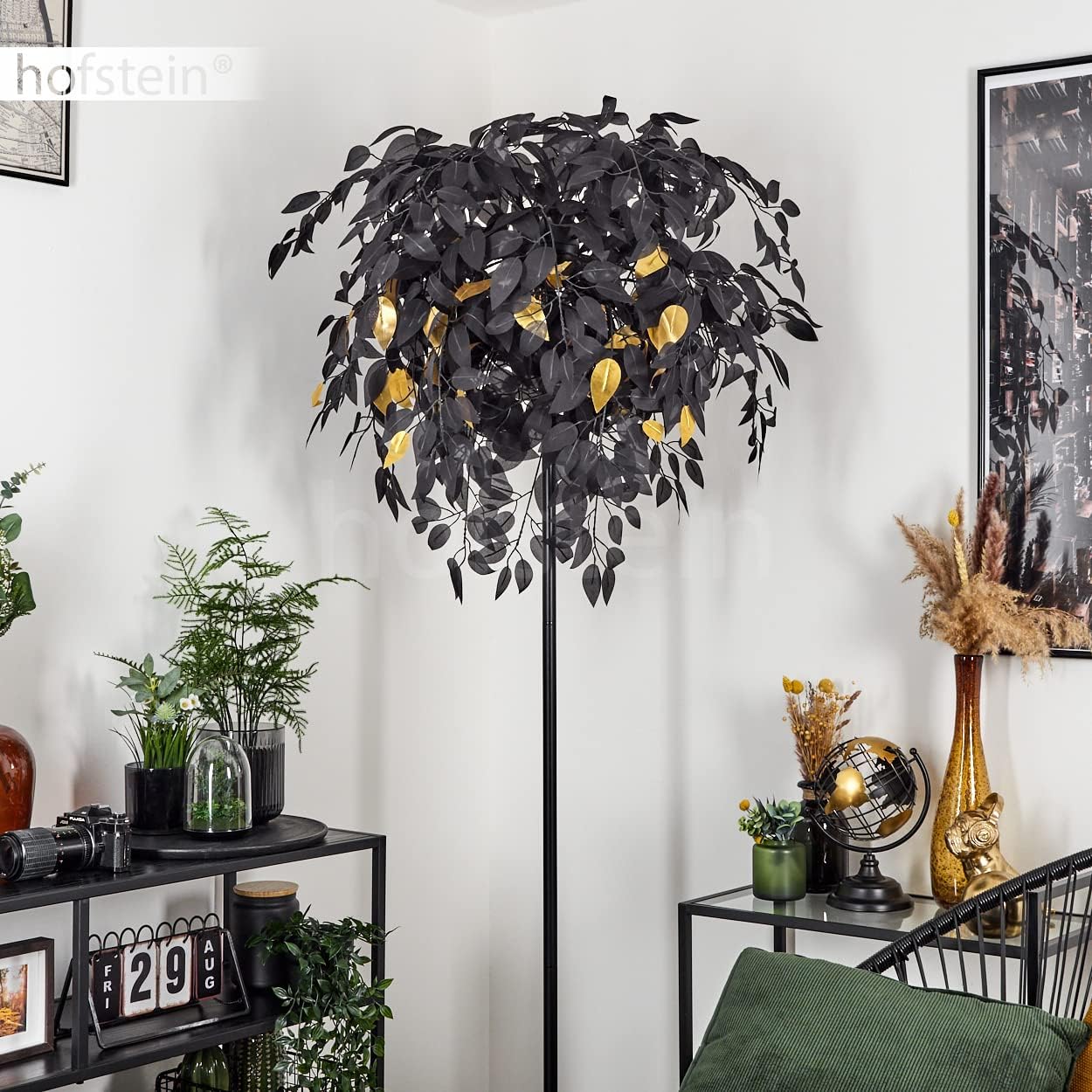 Stehleuchte Kallax, Stehlampe aus Metall/Kunststoff in Schwarz/Goldfarben, Standlampe mit Schirm in Blatt-Optik, Höhe 190 cm, mit Fußschalter am Kabel und Lichteffekt, 3 x E14, ohne Leuchtmittel