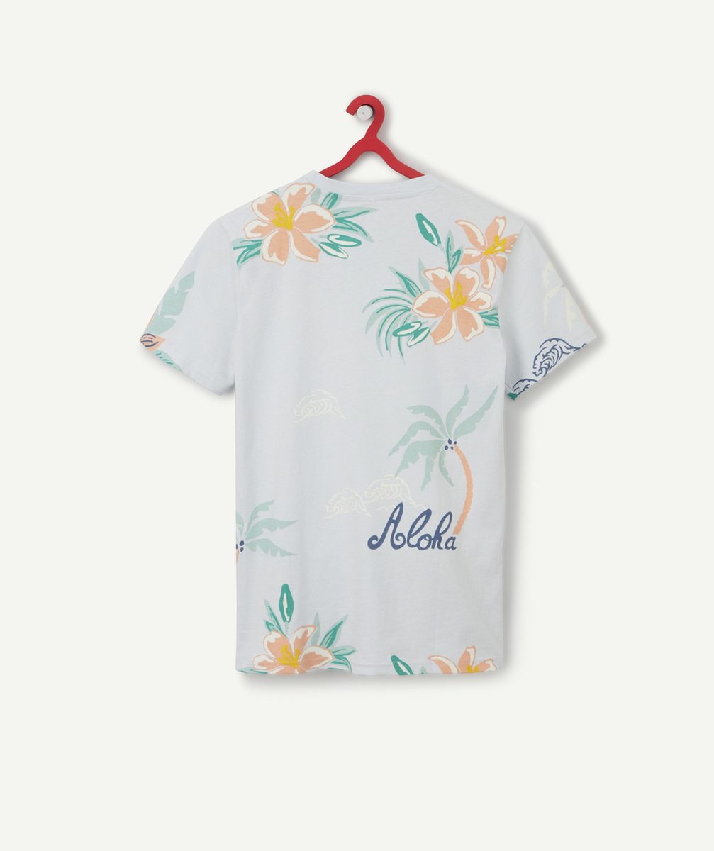 T-SHIRT GARÇON BLEU CIEL EN COTON BIO THÈME HAWAÏEN