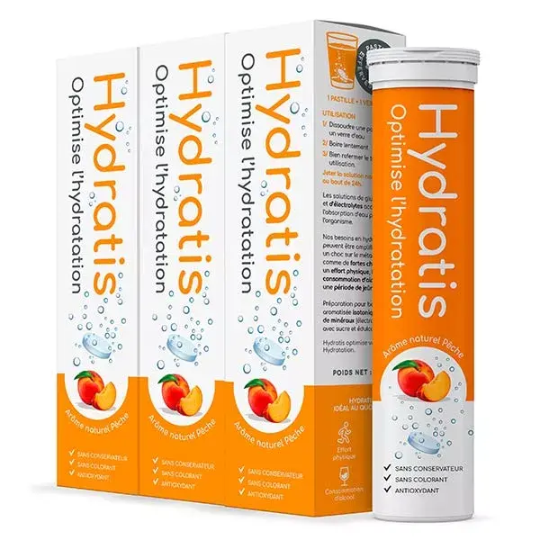 Hydratis sabor pêssego, embalagem com 3 x 20 comprimidos