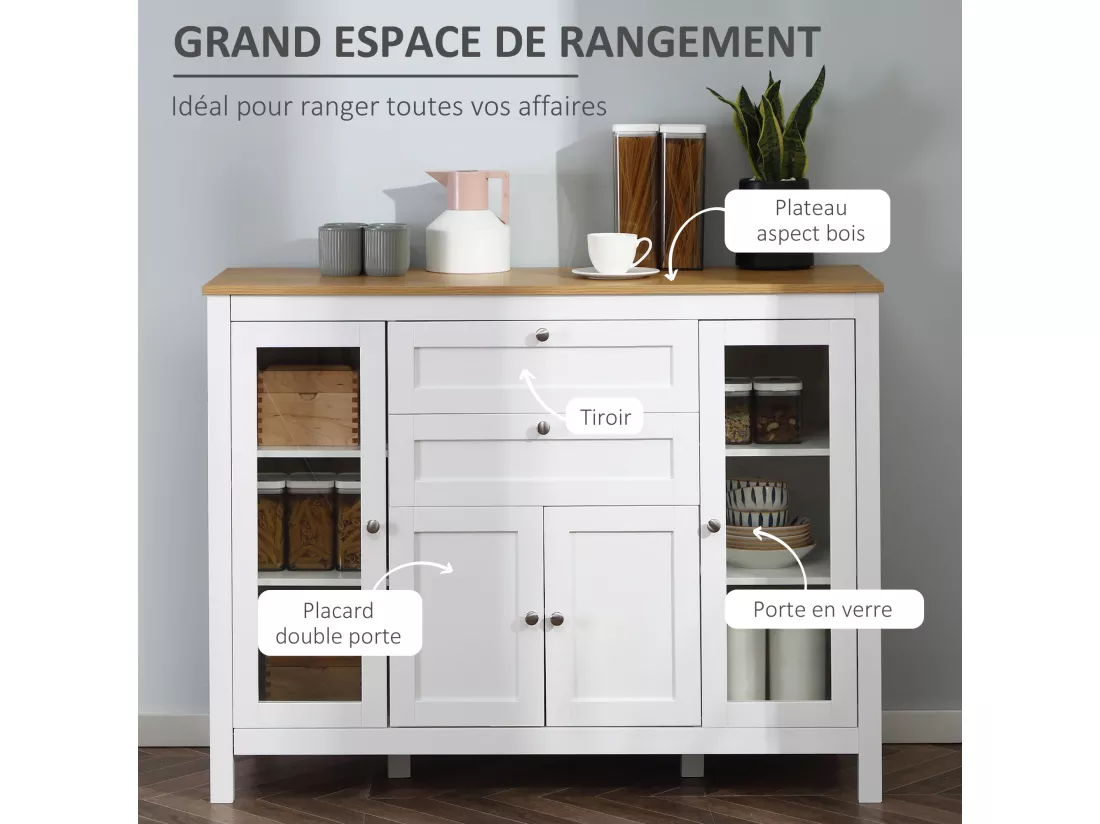 Buffet style classique chic multi-rangement 2 portes 2 étagères réglables 2 tiroirs coulissants placard 2 portes MDF blanc plateau aspect bois clair
