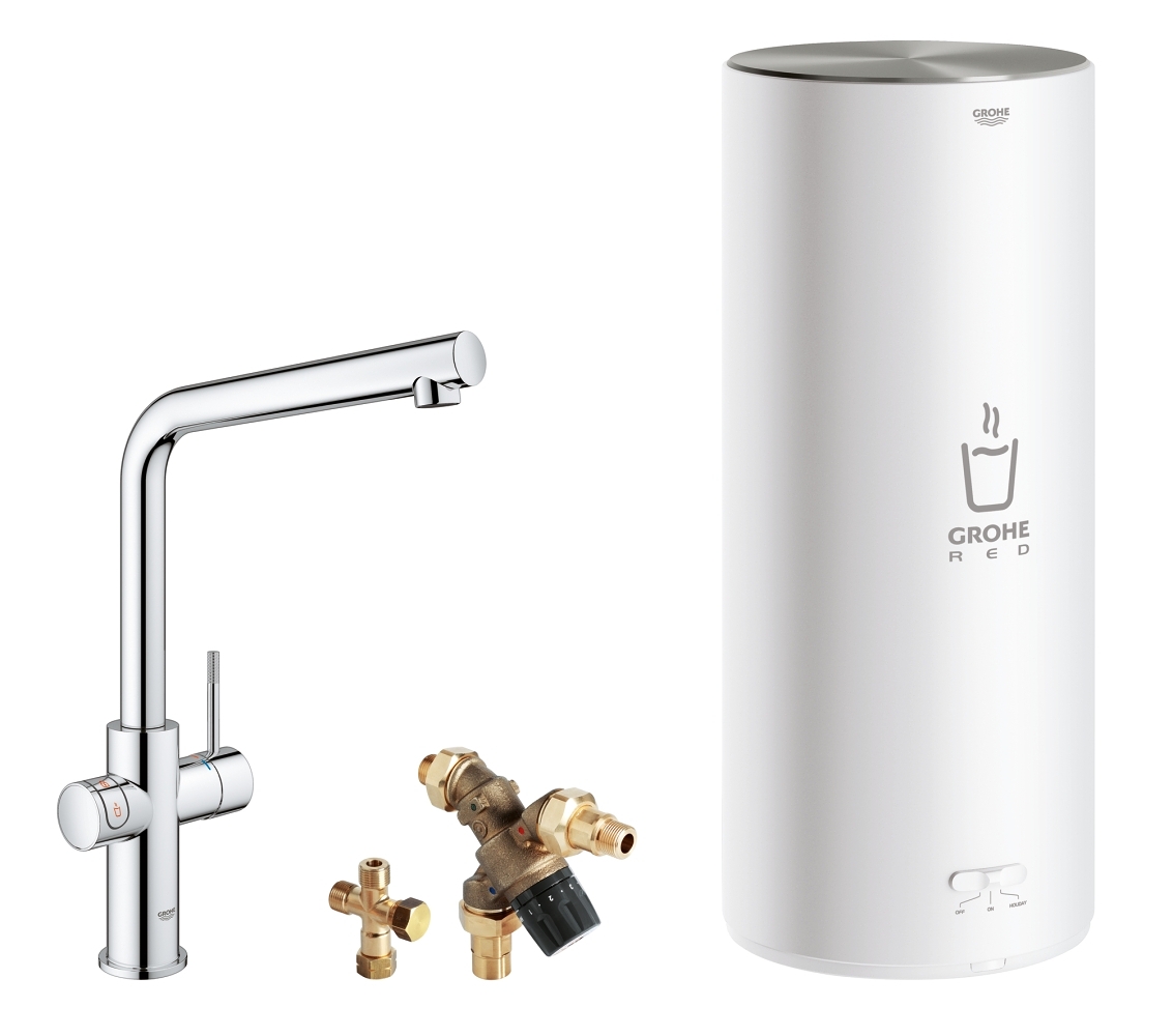Grohe Red New Duo kokend water kraan met L uitloop en L formaat boiler chroom