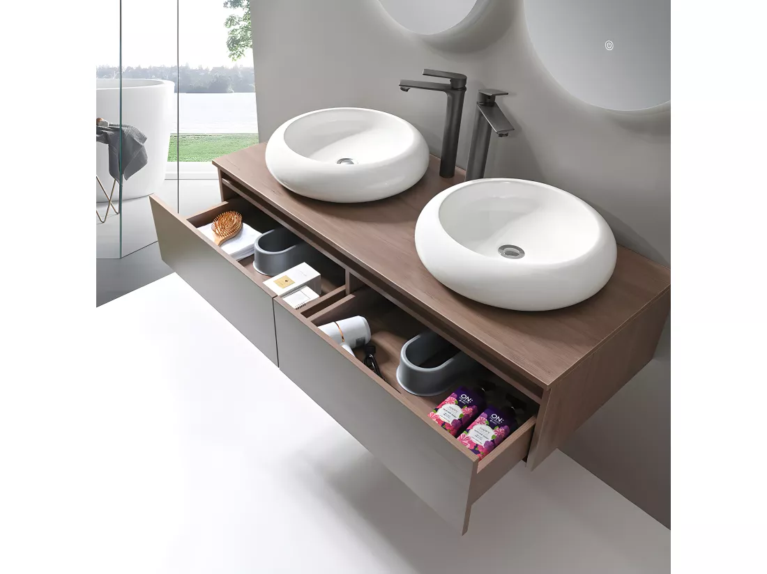 LuxuryBain - Meuble de salle de bain double vasque 120cm bois foncé avec miroir led