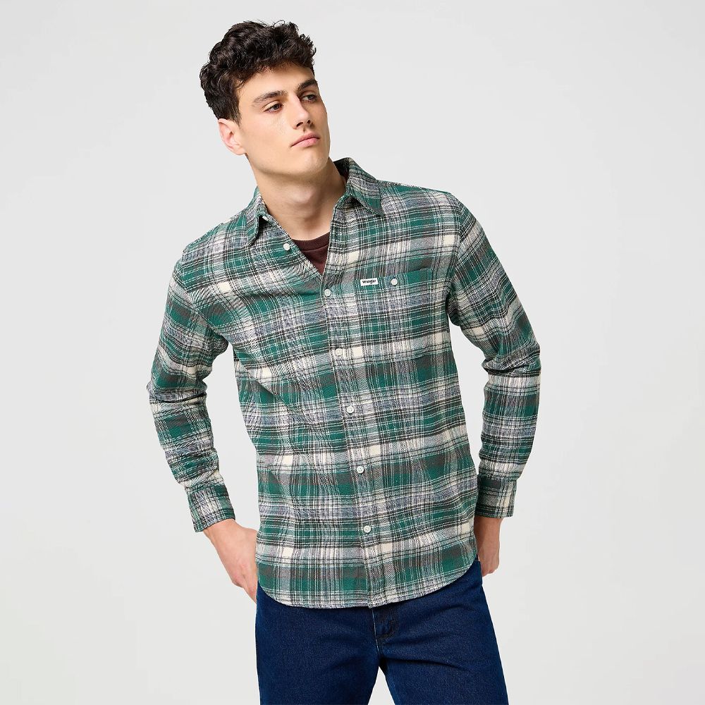 Wrangler mens Regular Brushed 1 Pocket Shirt Green Birch