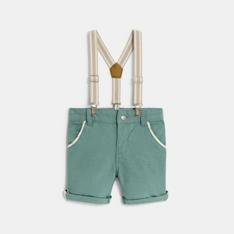 Short à bretelles coton effet lin vert bébé garçon Vert