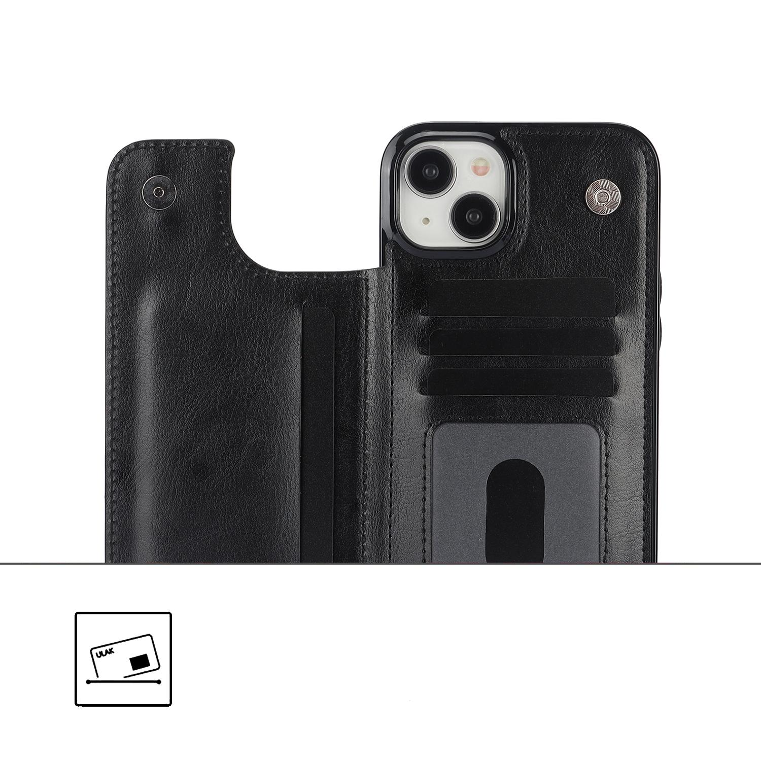 iPhone 15 Hybrid Leder Hülle mit Kartenfach   Kickstand Aufsteller - Schwarz