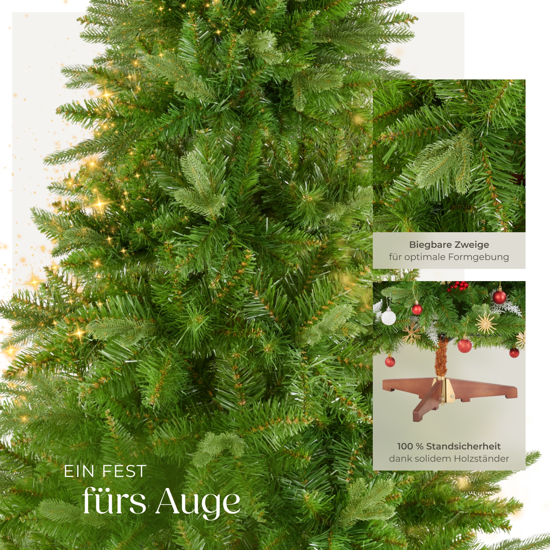 tectake® Weihnachtsbaum , verschiedene Größen, künstlich in Grün, PVC- und Spritzgussnadeln, formbar mit viel Volumen, klappbarer Baumständer aus Holz