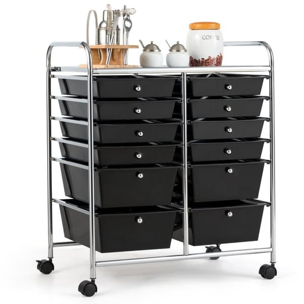 Vogn med 12 stablebare skuffer & metallramme & hylle sort