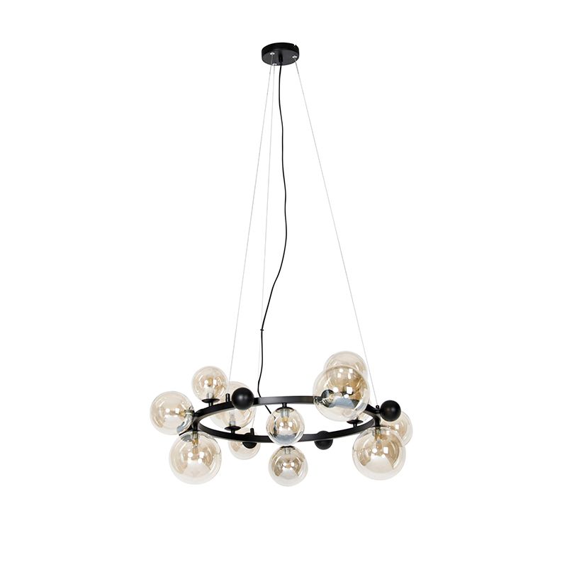 Art deco hanglamp zwart met amber glas 12-lichts - David