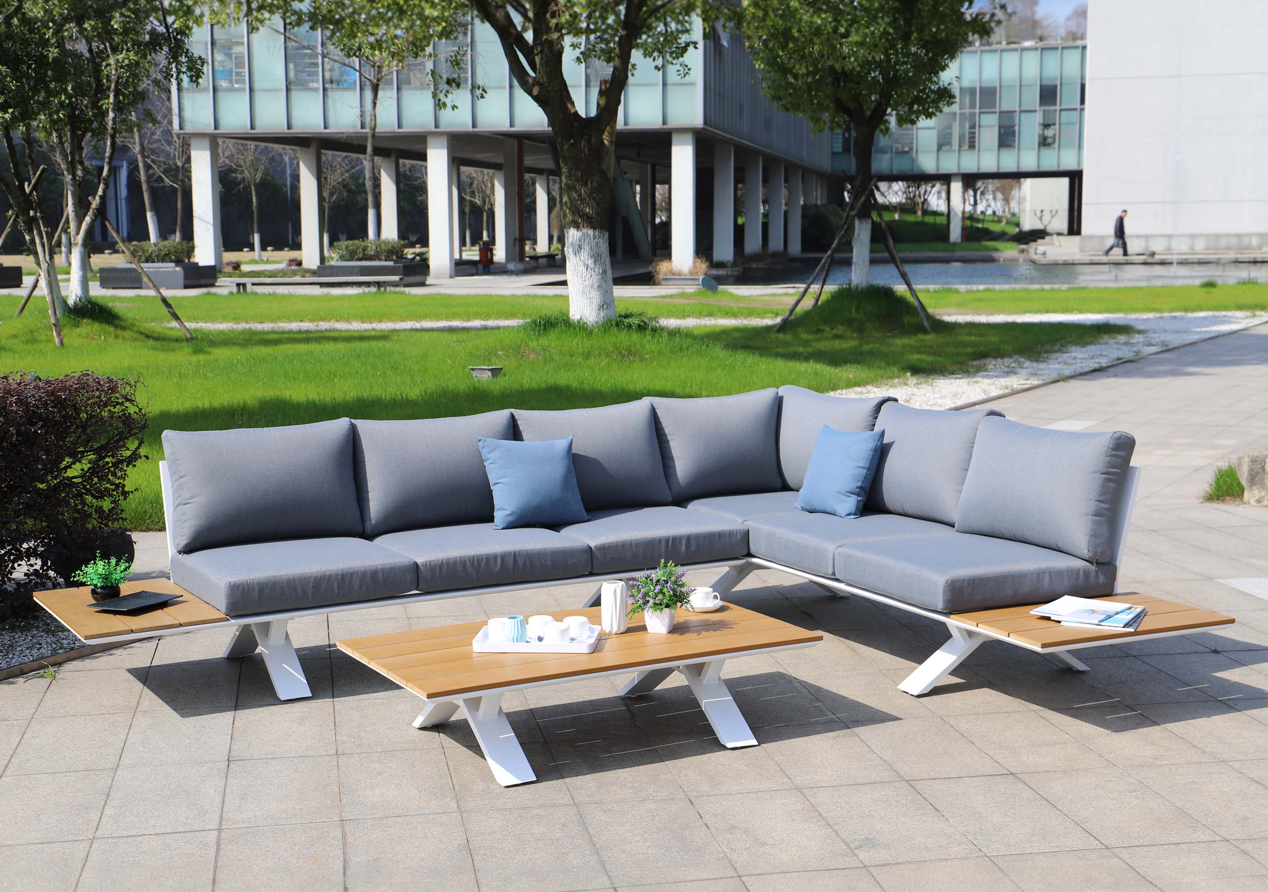 Aluminium Garten-Garnitur MCW-M62, Sitzgruppe Garten-/Lounge-Set Sofa, Holzoptik ~ Gestell weiß, Polster hellgrau