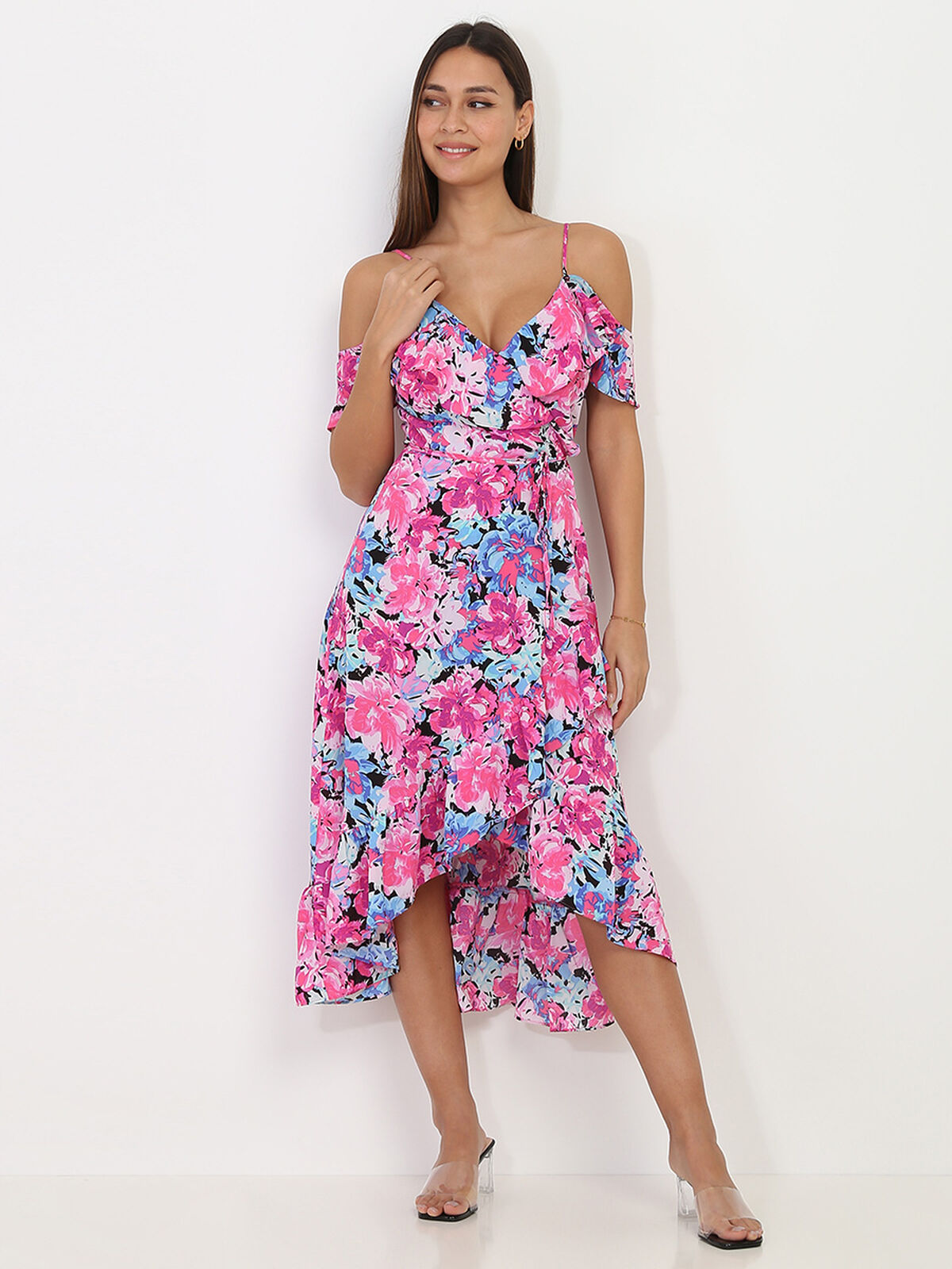 Robe portefeuille à volants et fleurs- Rose