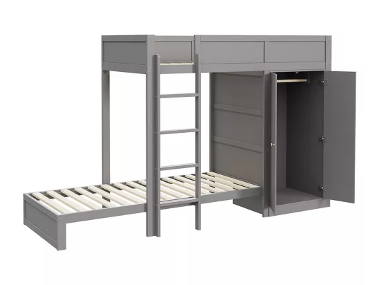 Lit superposé pour enfants 90*200 cm, avec marches de sécurité verticales, armoire, design high fence, gris