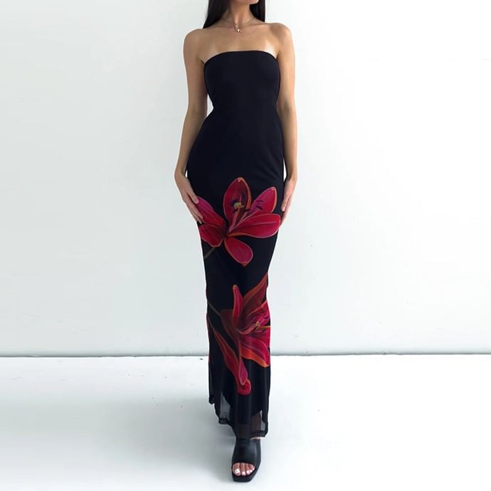 MOONGATE - Strapless maxi-jurk met bloemenprint en open rug