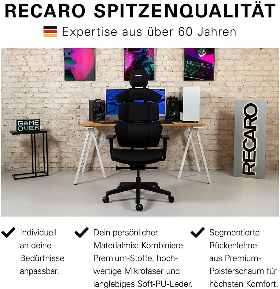 RECARO NXT Essential Premium Gaming & Bürostuhl Ergonomisch [Büro-Zertifiziert] | Made in Germany | Hochwertiger Stoffbezug | Höhenverstellbar - bis 150kg, Raven Black